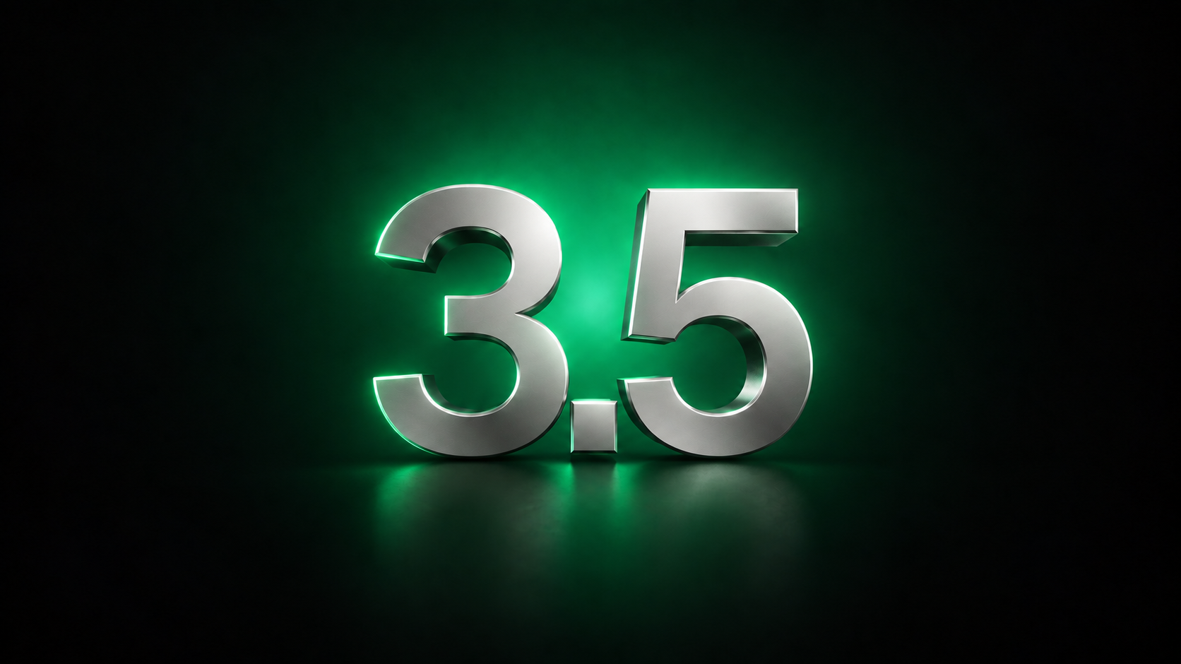 Grand 3.5 métallique texturé en relief sur fond sombre, entouré d’un halo vert.